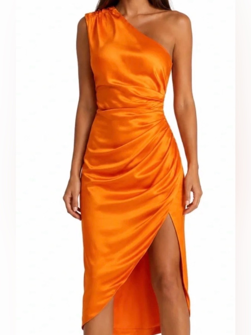 Elliatt One-Shoulder Orange Satin Midi Dress